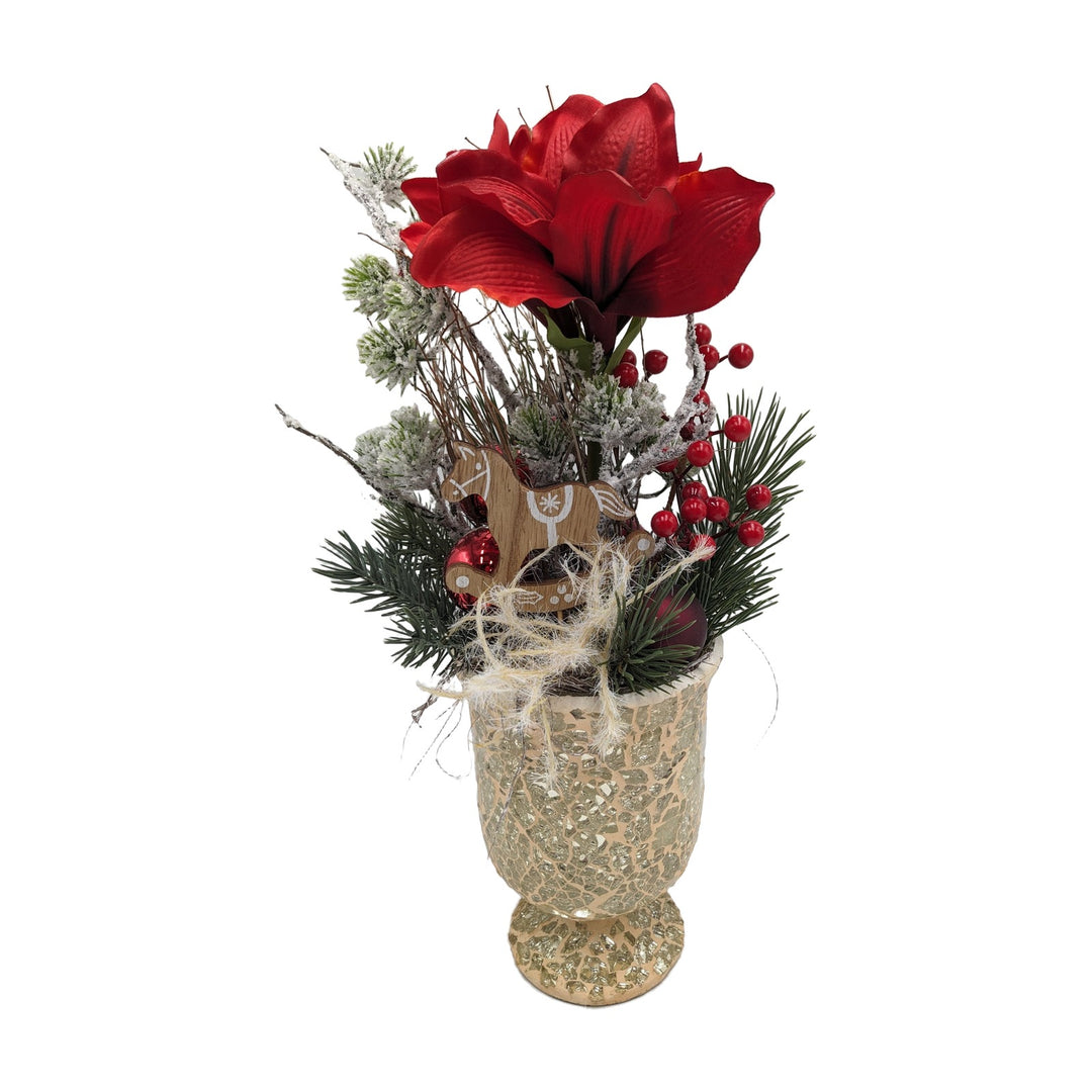 Freigestellt Wintergesteck Amaryllis Schaukelpferd Tannengrün rot gold
