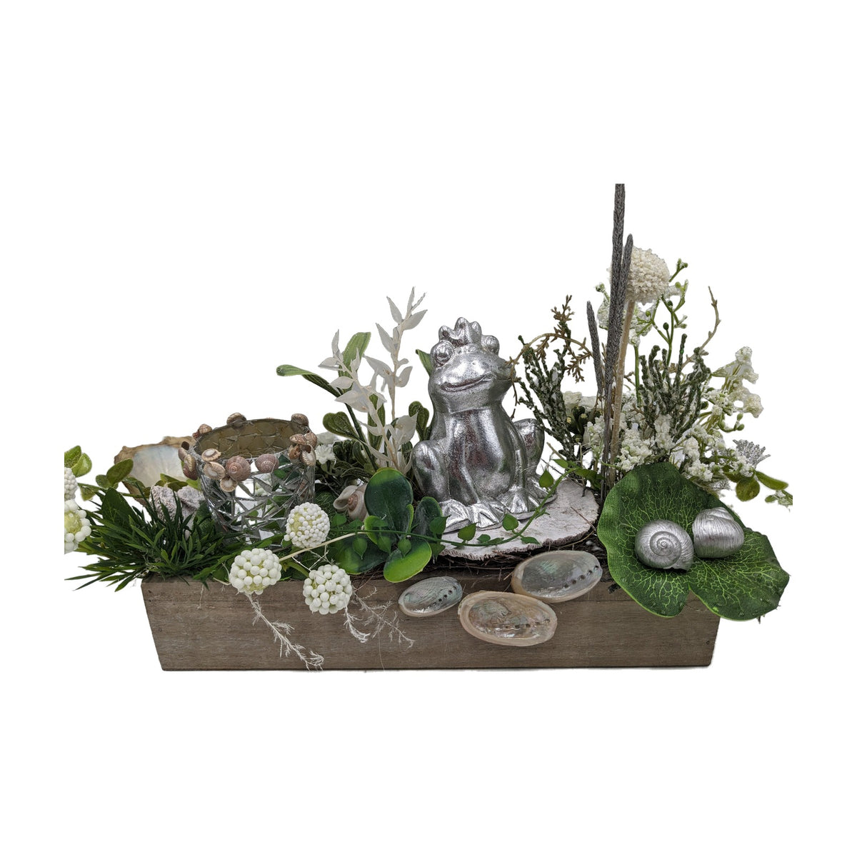 Freigestellt Sommergesteck Frosch Teelicht Muscheln Gräser silber weiß