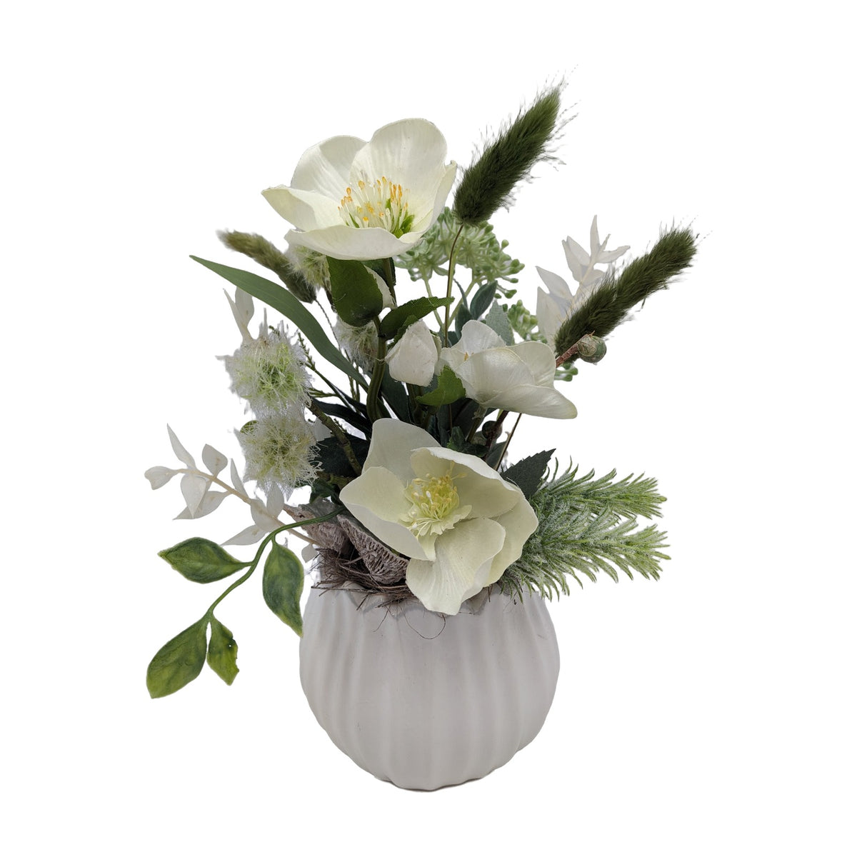 Freigestellt Frühlingsgesteck Christrose Gräser Keramikvase weiß grün