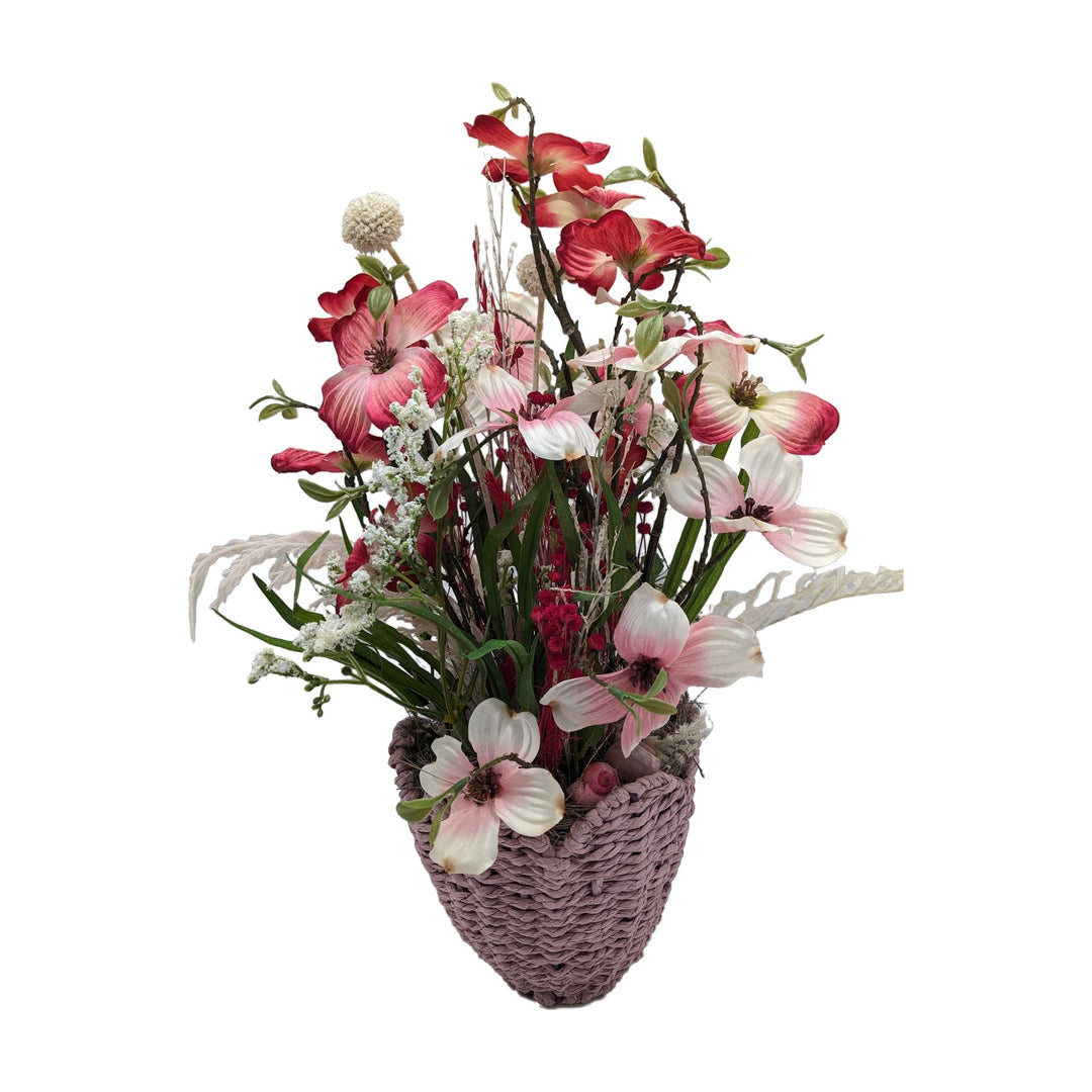 Freigestellt Frühlingsgesteck Hartriegel Gräser Korb rosa weiß