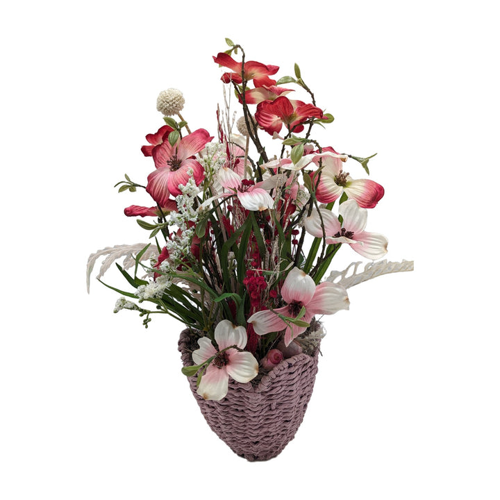 Freigestellt Frühlingsgesteck Hartriegel Gräser Korb rosa weiß