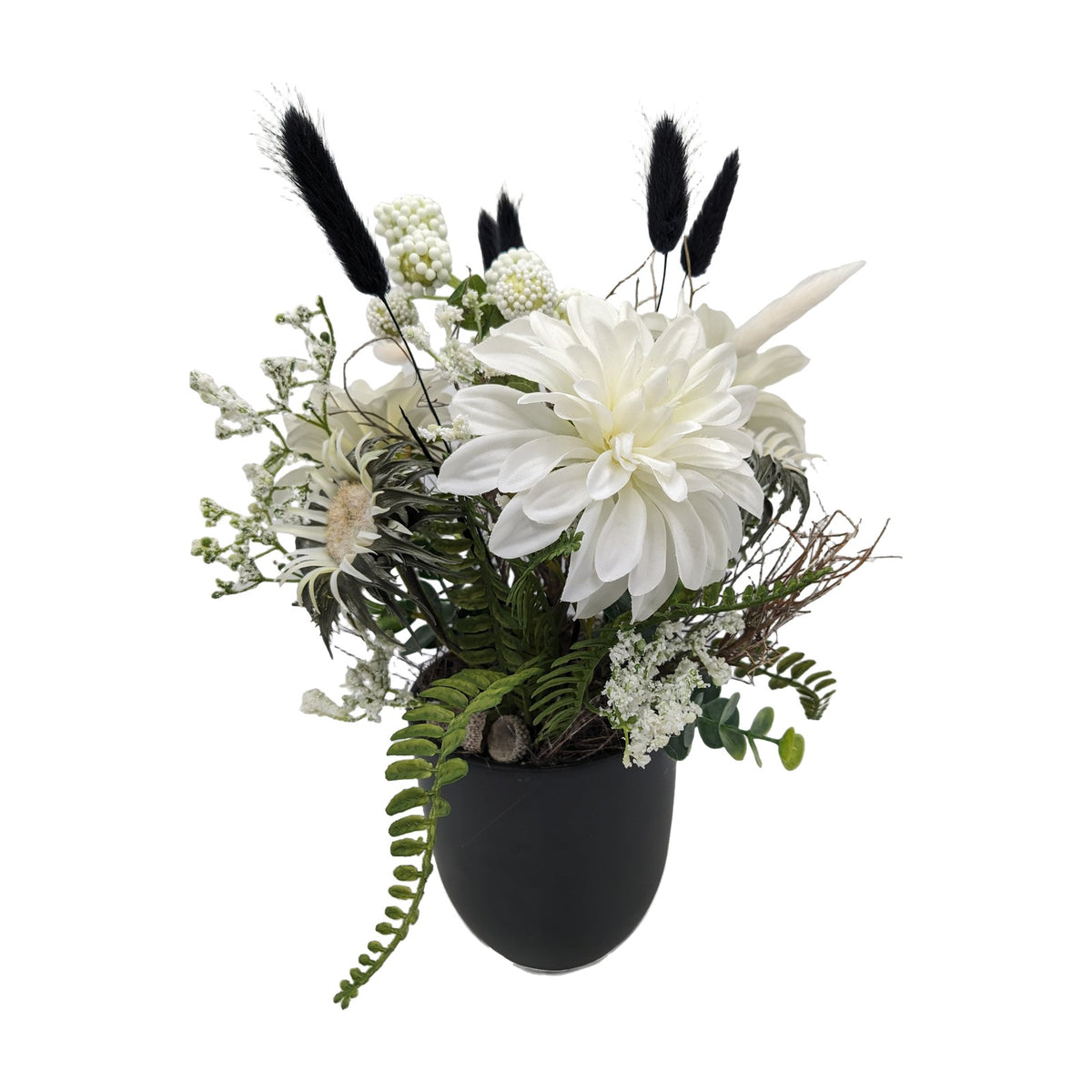 Freigestellt Frühlingsgesteck Dahlien Gräser Farn schwarz weiss modern