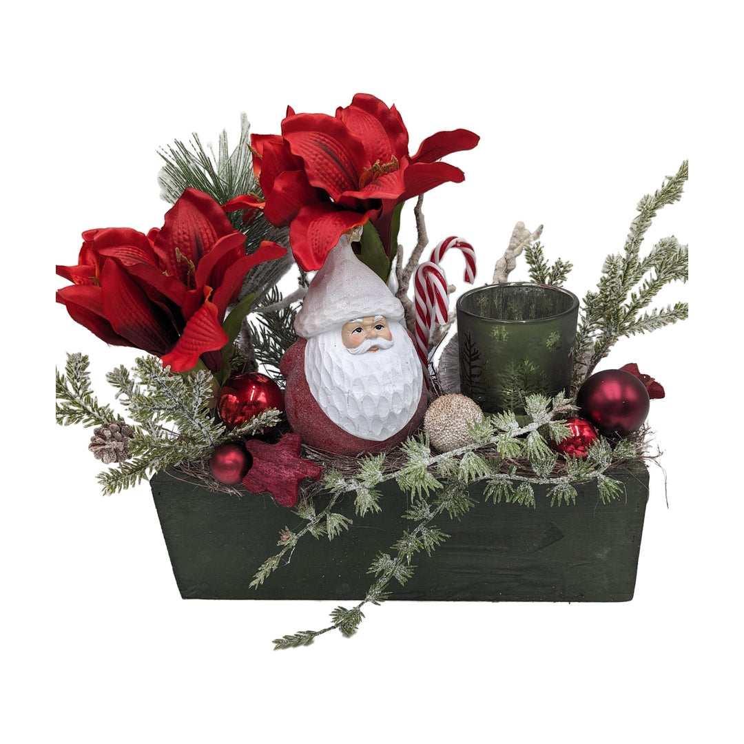 Freigestellt Weihnachtsgesteck Amaryllis Weihnachtsmann Teelicht rot grün