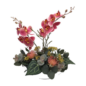 Freigestellt Frühlingsgesteck Orchidee Eukalyptus Nadelkissen rosa grau