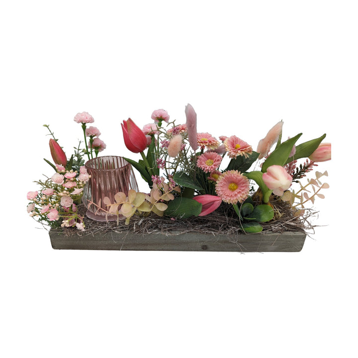 Freigestellt Frühlingsgesteck Tulpen Bellis Teelicht rosa