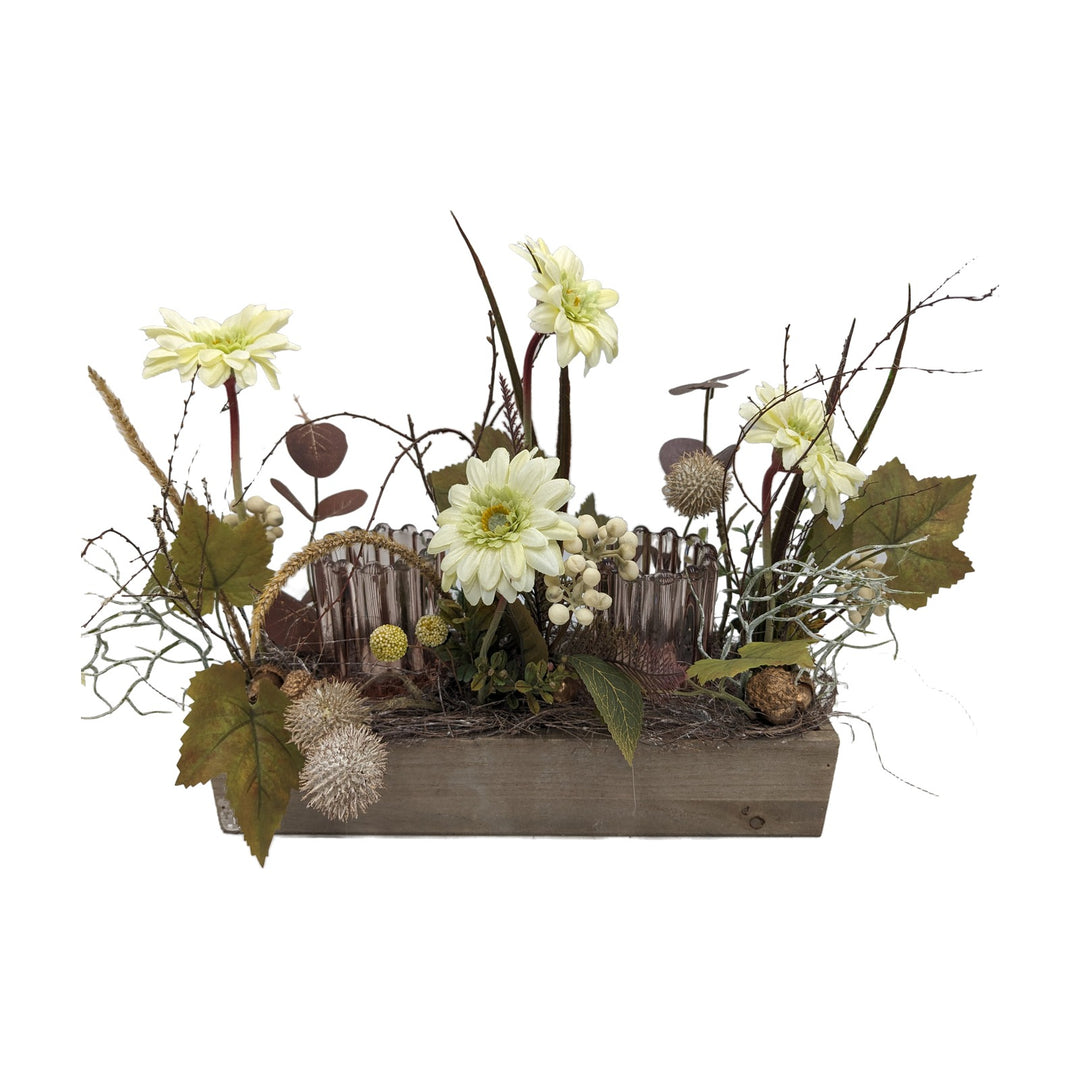 Freigestellt Herbstgesteck Gerbera Beeren Windlichter creme braun