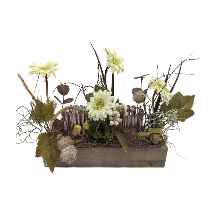 Freigestellt Herbstgesteck Gerbera Beeren Windlichter creme braun