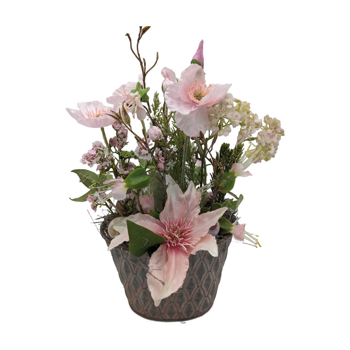 Freigestellt Frühlingsgesteck Clematis Mohn Schnecke rosa weiss
