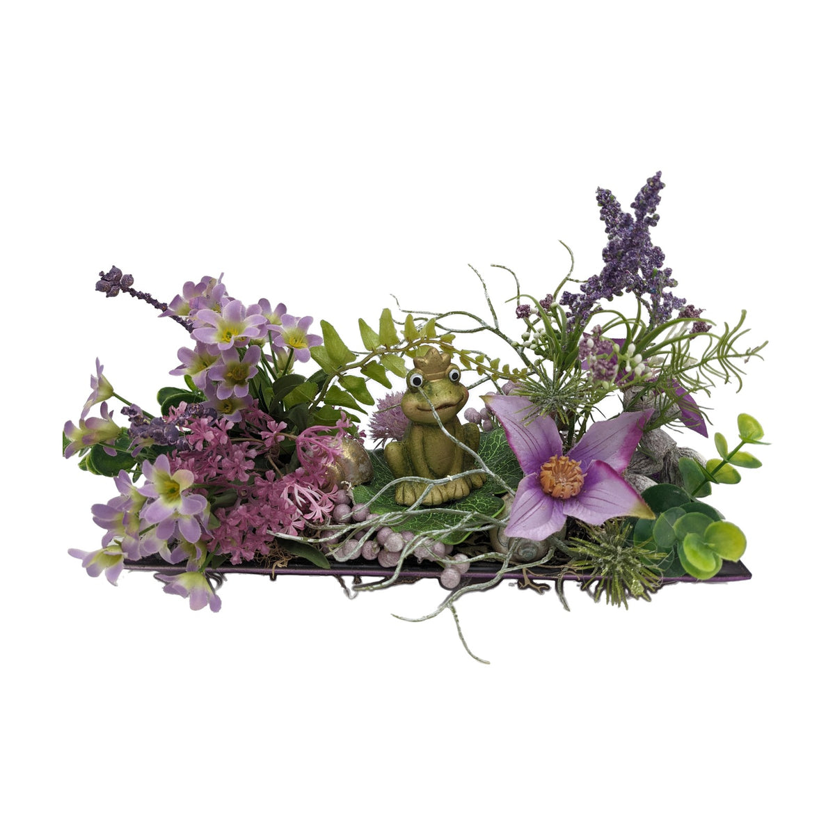 Freigestellt Frühlingsgesteck Frosch Clematis Schnecke lila grün