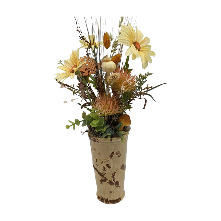 Freigestellt Herbstgesteck Margerite Pilz Igel Mohnkapsel Gräser gelb orange