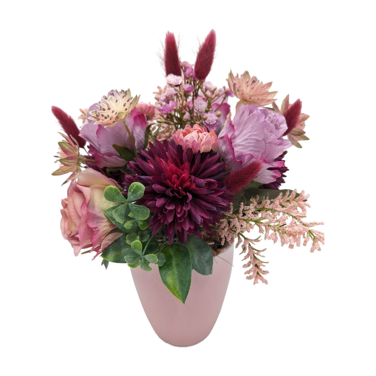 Freigestellt Sommergesteck Rosen Dahlien Gräser lila rosa beere