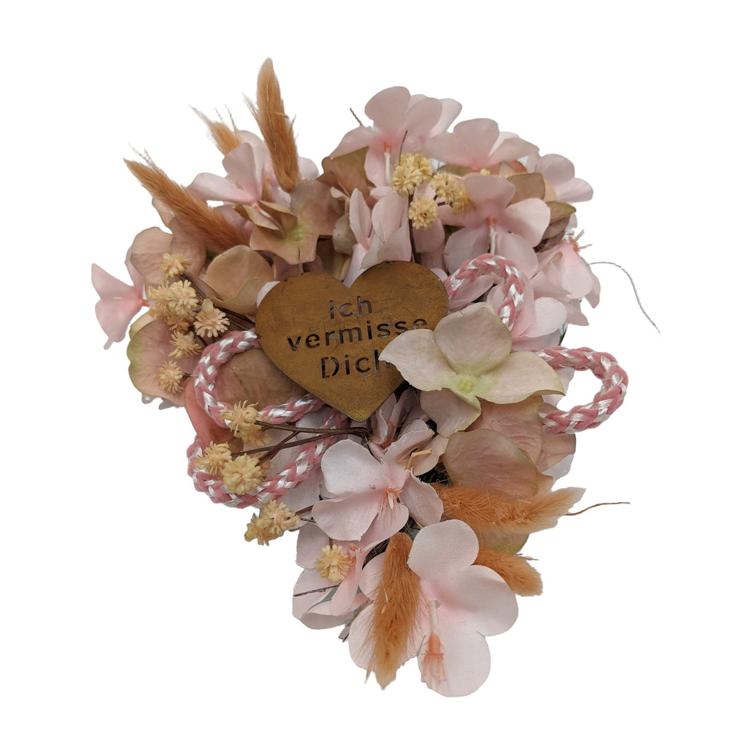 Freigestellt Trauergesteck Herz "Ich vermisse Dich" Gräser rosa creme