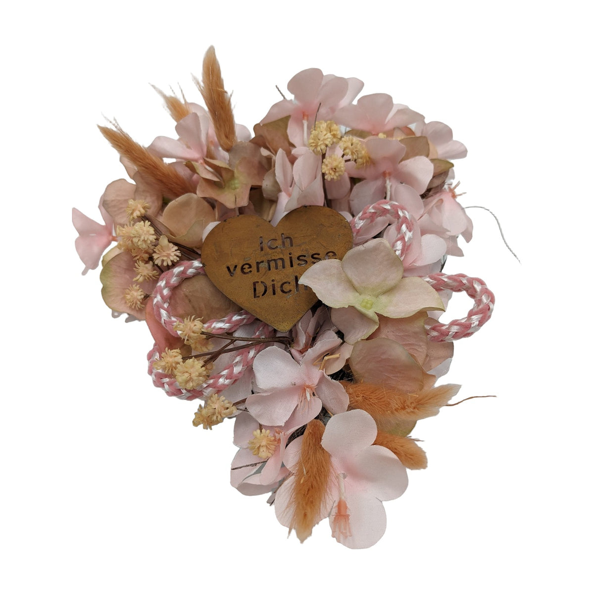 Freigestellt Trauergesteck Herz "Ich vermisse Dich" Gräser rosa creme