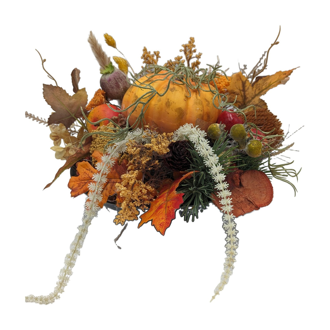 Freigestellt Herbstgesteck Kürbis Äpfel Blätter Gräser orange braun