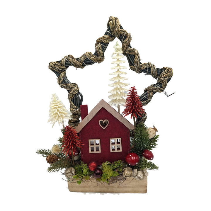 Freigestellt Wintergesteck Weihnachtsgesteck Stern Haus Tannen Pilze rot