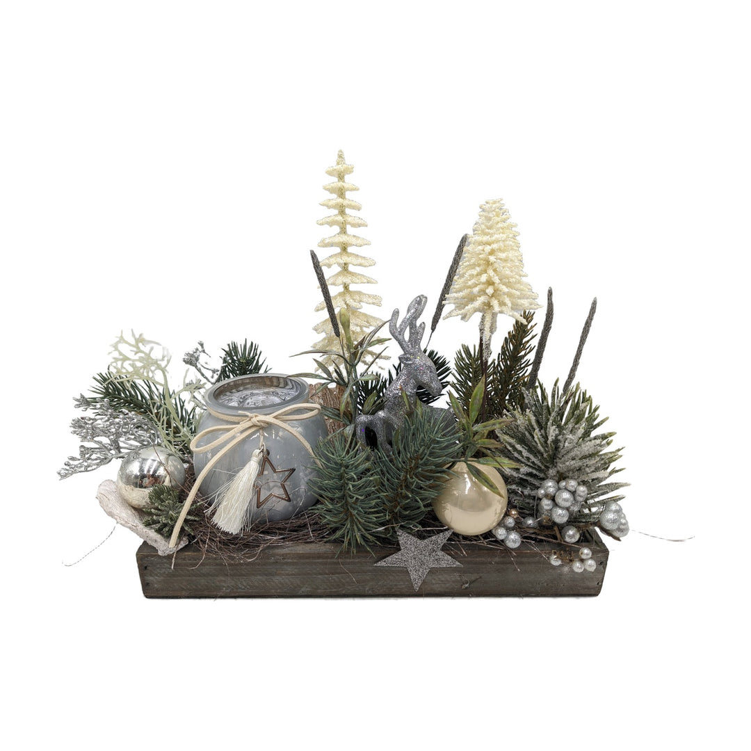 Freigestellt Wintergesteck Weihnachtsgesteck Teelicht Hirsch Bäume silber creme