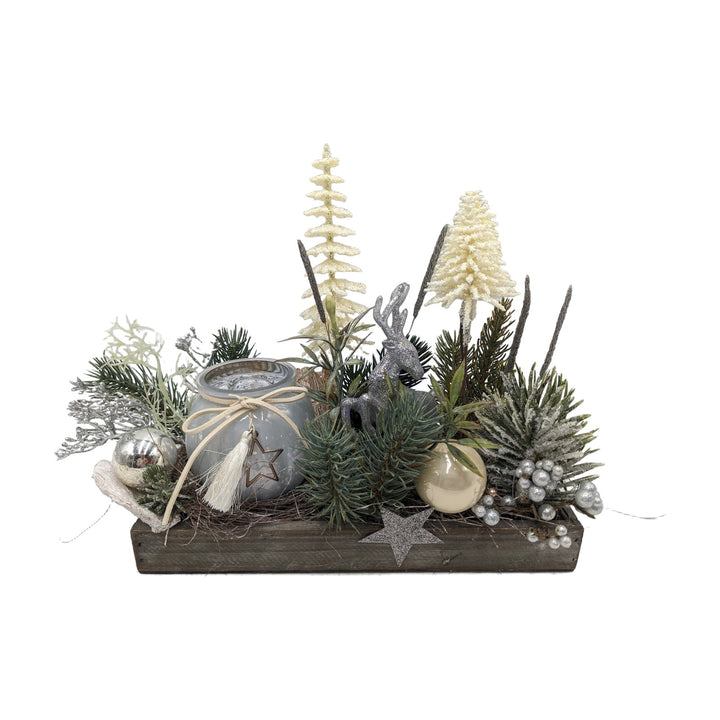 Freigestellt Wintergesteck Weihnachtsgesteck Teelicht Hirsch Bäume silber creme