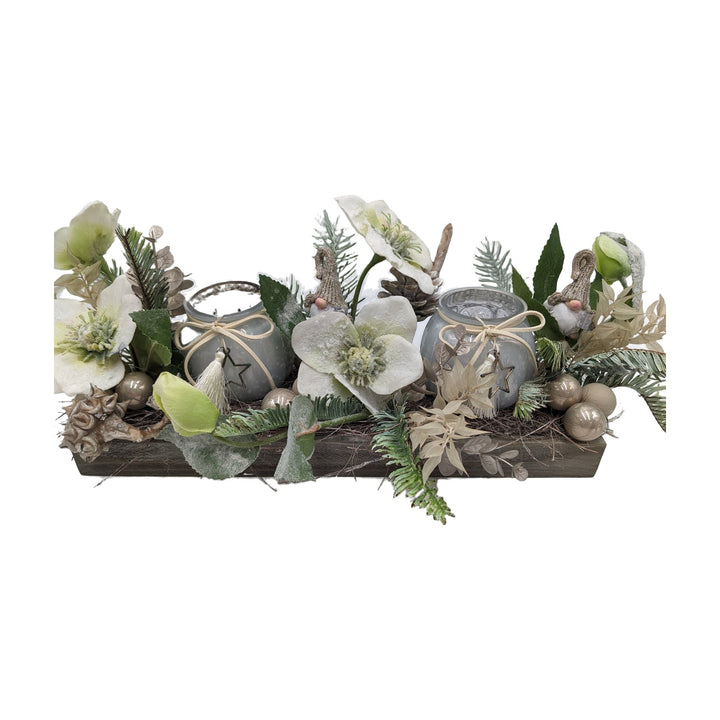 Freigestellt Weihnachtsgesteck Teelicht Christrose Wichtel weiss creme