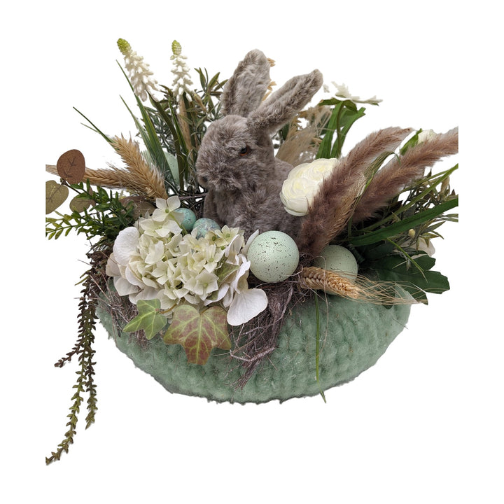 Freigestellt Ostergesteck Frühlingsgesteck Hase Muscari Ranunkel mint weiß
