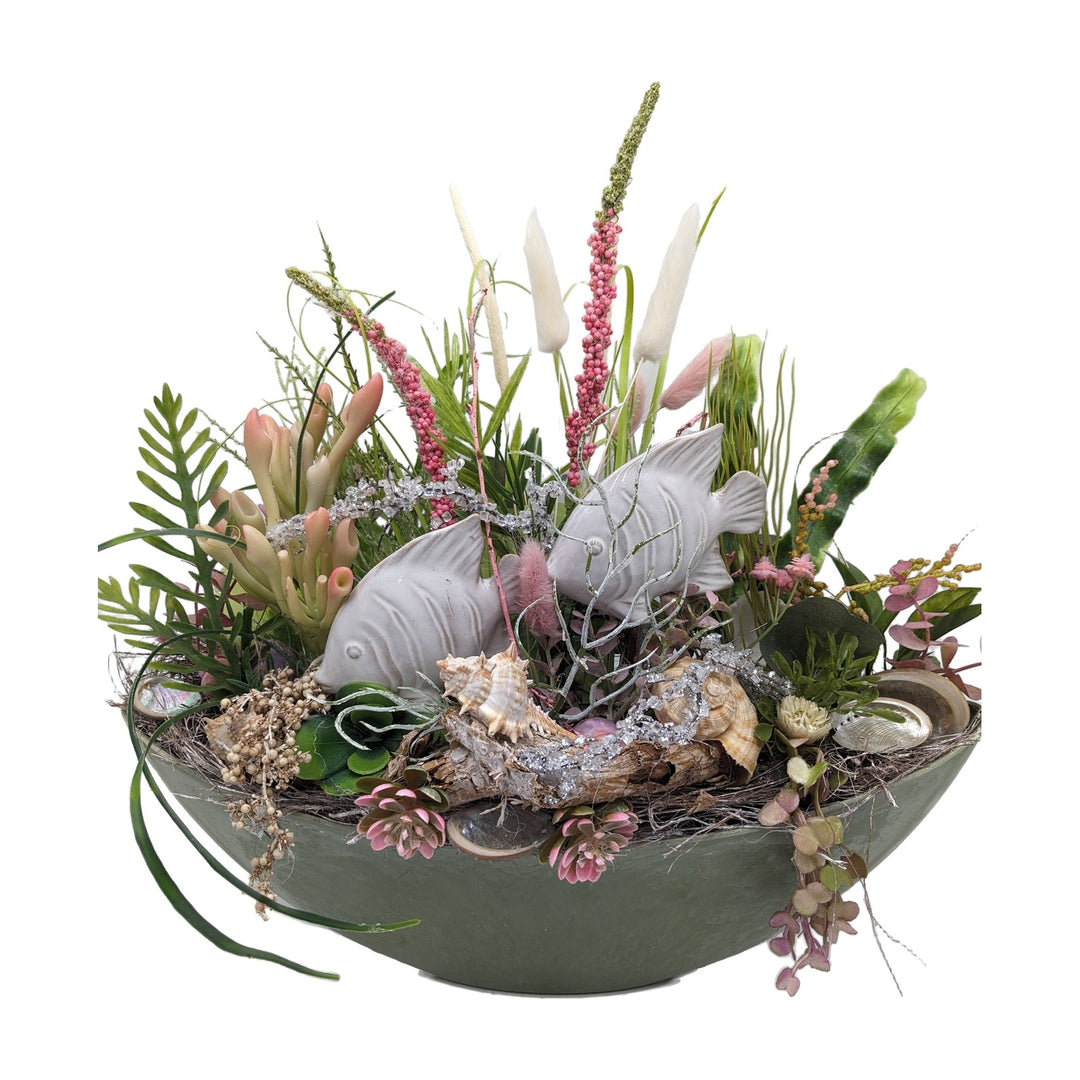 Freigestellt Sommergesteck Fische Muscheln Gräser maritim rosa grün