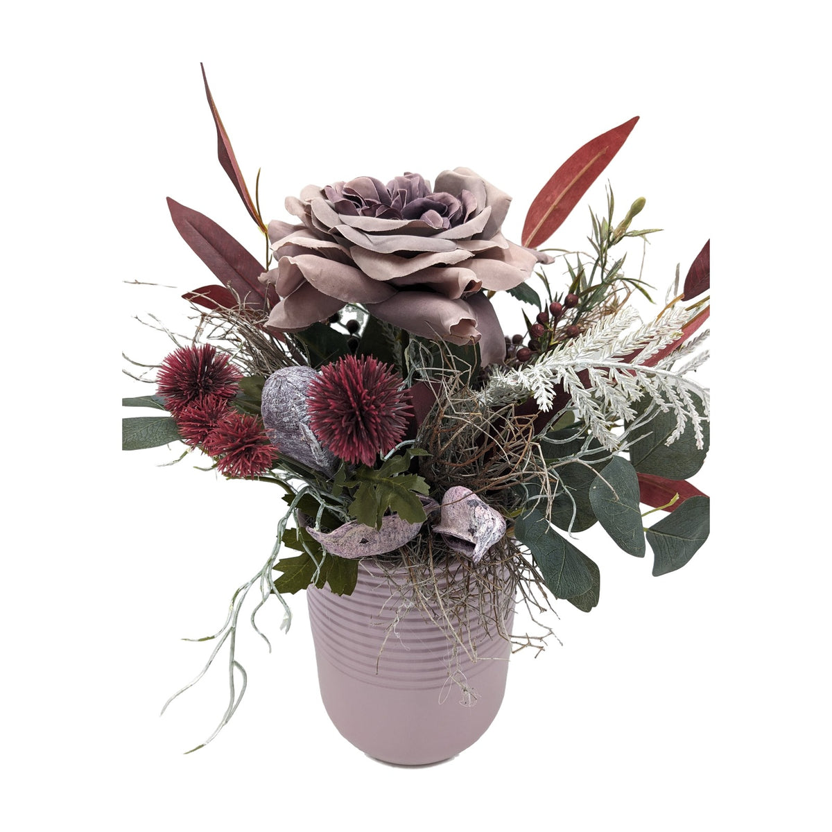 Freigestellt Sommergesteck Rose Distel Eukalyptus rosenholz dunkelrot