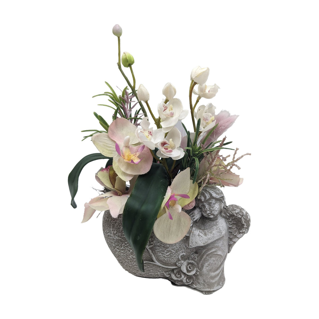 Freigestellt Trauergesteck Engel Orchideen creme rosa