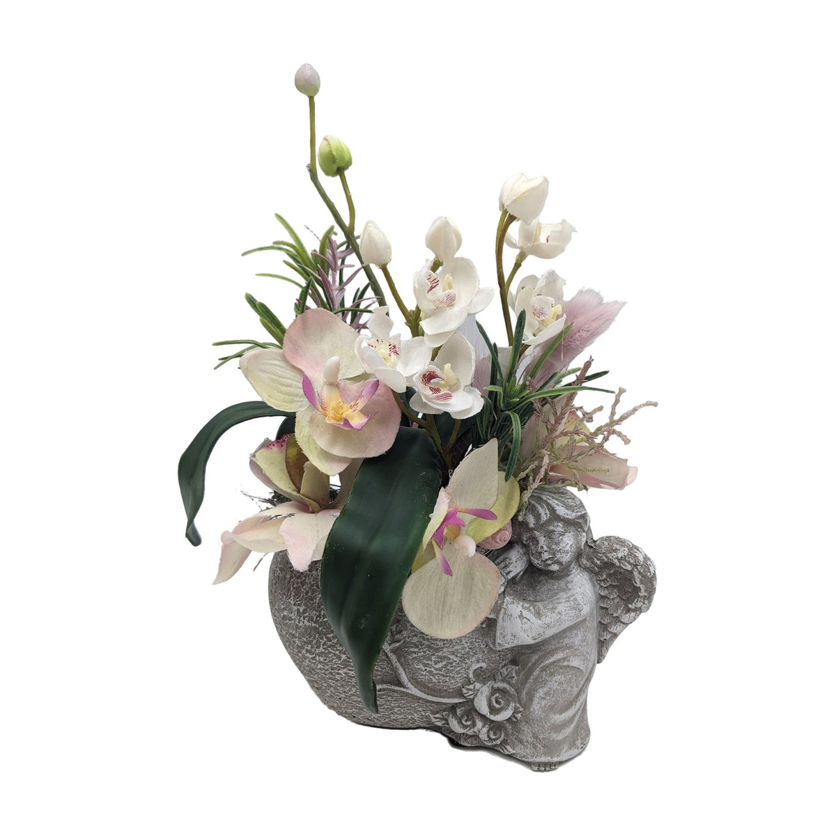 Freigestellt Trauergesteck Engel Orchideen creme rosa