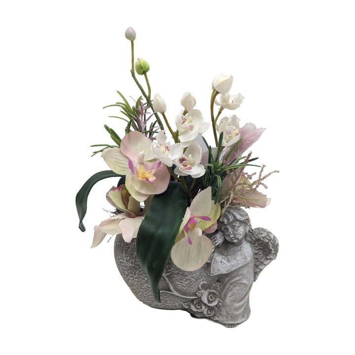Freigestellt Trauergesteck Engel Orchideen creme rosa