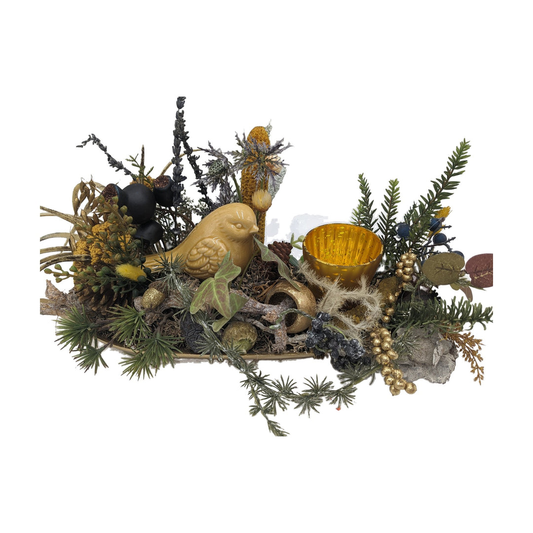 Freigestellt Herbstgesteck Vogel Gräser Heide gold gelb mit Windlicht