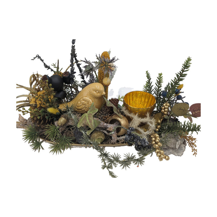 Freigestellt Herbstgesteck Vogel Gräser Heide gold gelb mit Windlicht