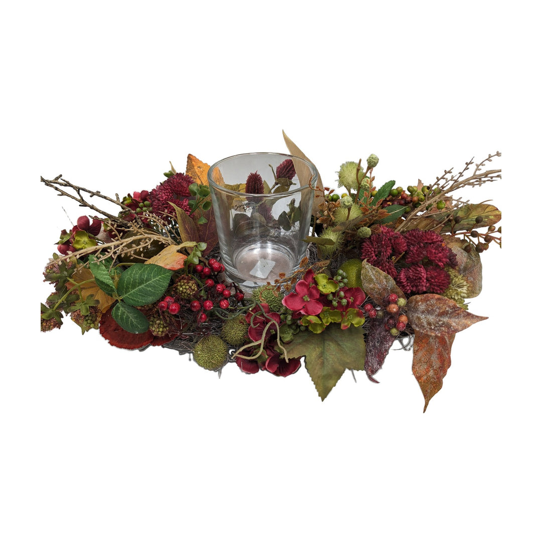 Freigestellt Herbstgesteck Windlicht Hortensie Beeren Sedum rot grün