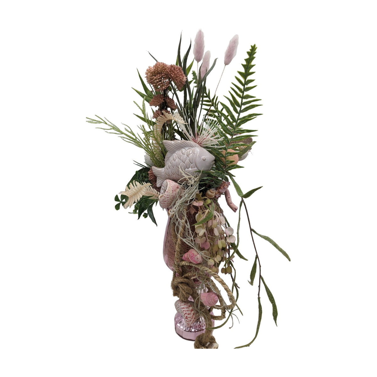 Freigestellt Sommergesteck Fisch Muscheln Gräser Sedum maritim rosa