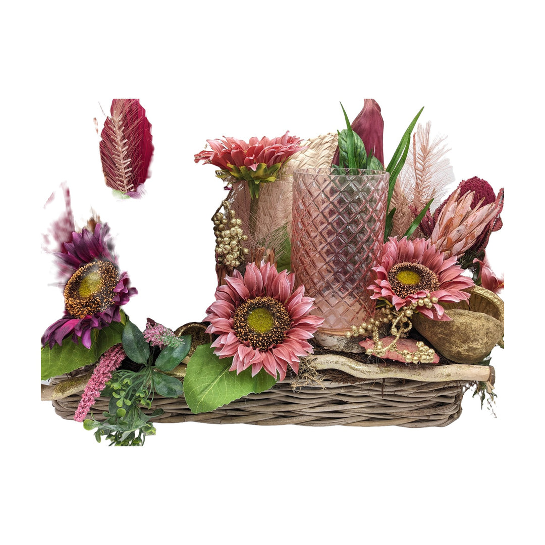 Freigestellt Sommergesteck Sonnenblumen Teelicht Windlicht rosa bordeaux