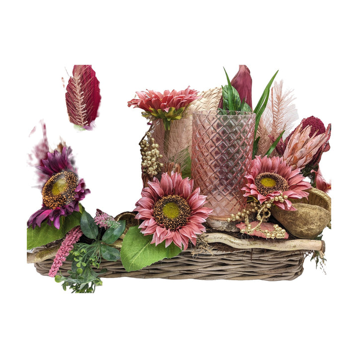Freigestellt Sommergesteck Sonnenblumen Teelicht Windlicht rosa bordeaux