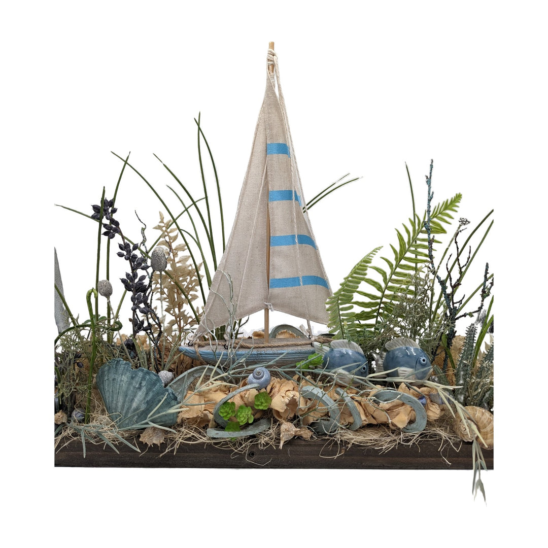 Freigestellt Sommergesteck maritim Segelboot Fische Muscheln blau beige
