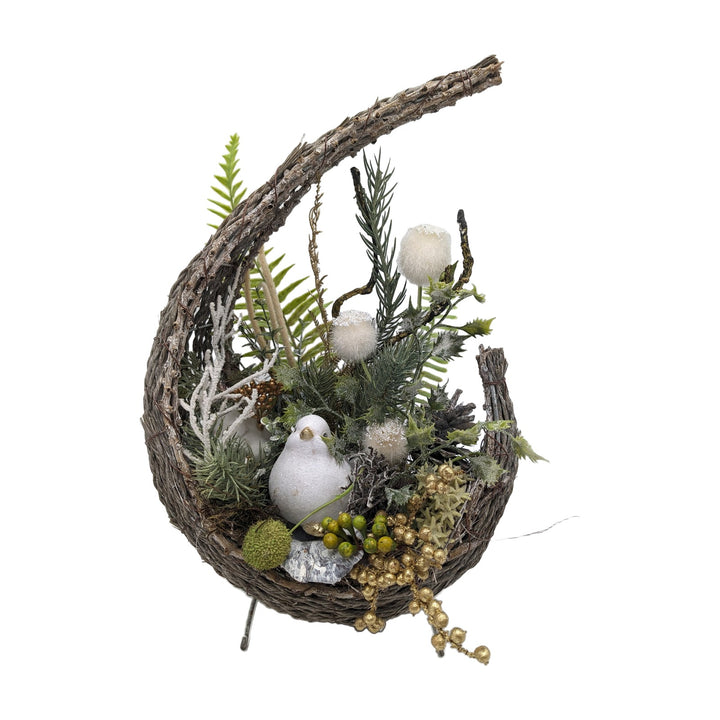 Freigestellt Wintergesteck Vogel Zapfen Gräser gold grün