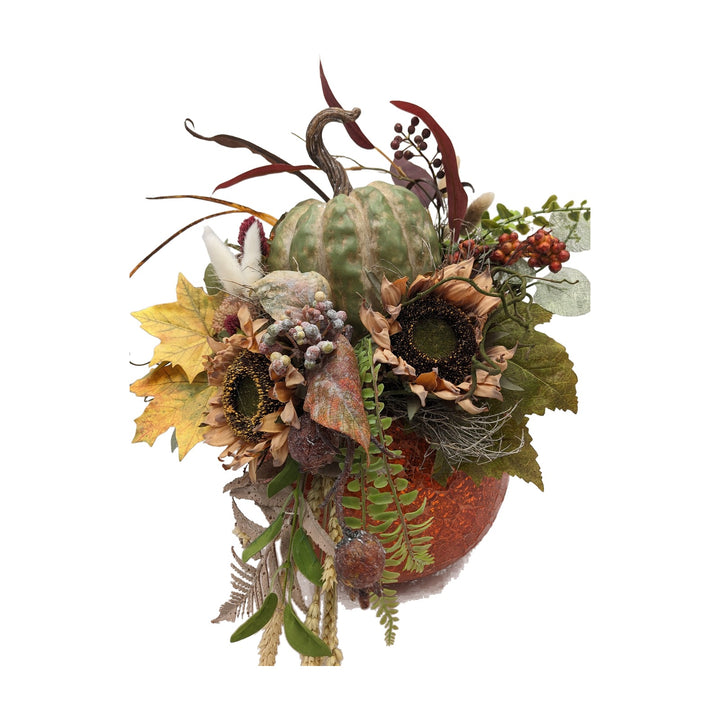 Freigestellt Herbstgesteck Kürbis Sonnenblumen Beeren orange grün