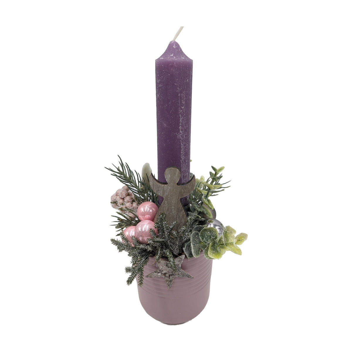 Freigestellt Wintergesteck Engel Stabkerze Kugeln lila rosa