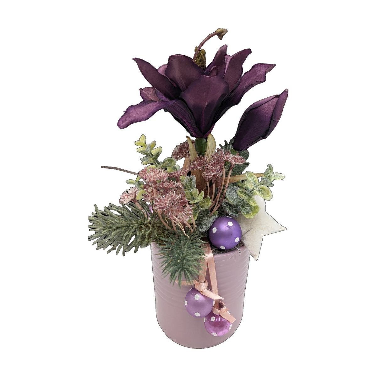 Freigestellt Wintergesteck Amaryllis Stern Kugeln lila rosa