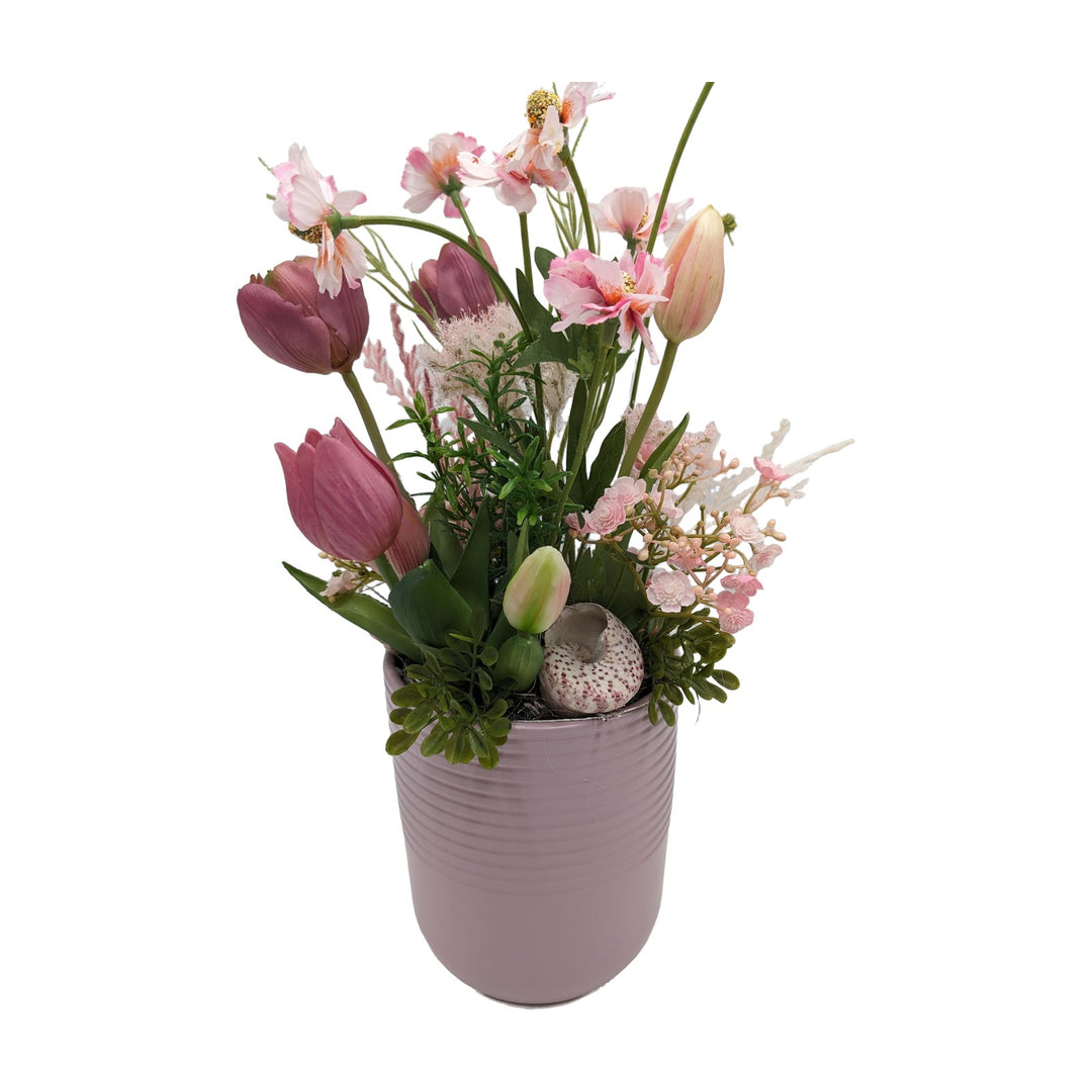 Freigestellt Frühlingsgesteck Tulpen Kirschblüten Ei rosenholz rosa