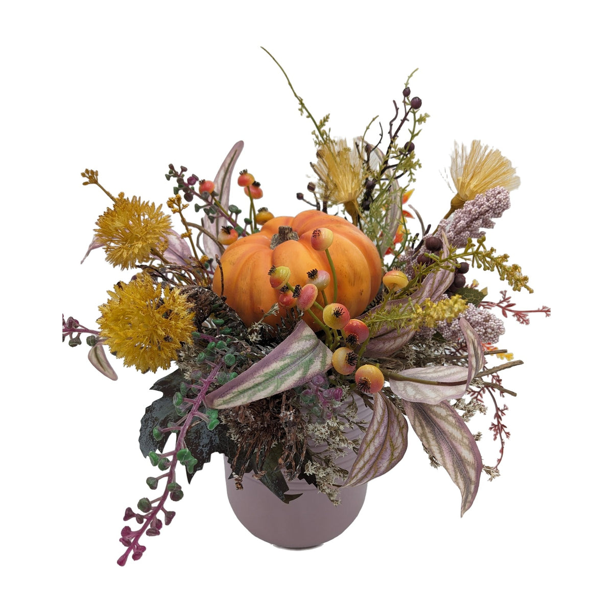 Freigestellt Herbstgesteck Kürbis Beeren Blüten orange gelb rosenholz