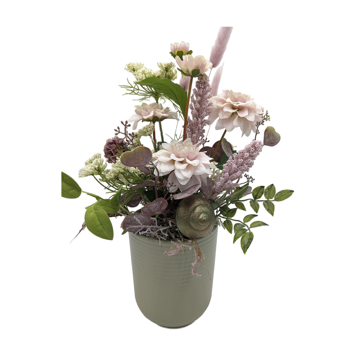 Freigestellt Frühlingsgesteck Dahlien Gräser Schnecke rosa salbei