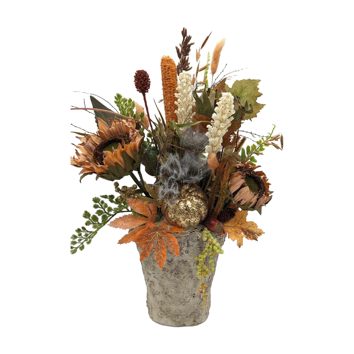 Freigestellt Herbstgesteck Sonnenblumen Kürbis Gräser gold orange