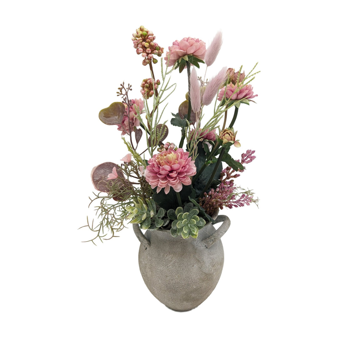 Freigestellt Frühlingsgesteck Zinnien Gräser Sukkulente rosa im Topf