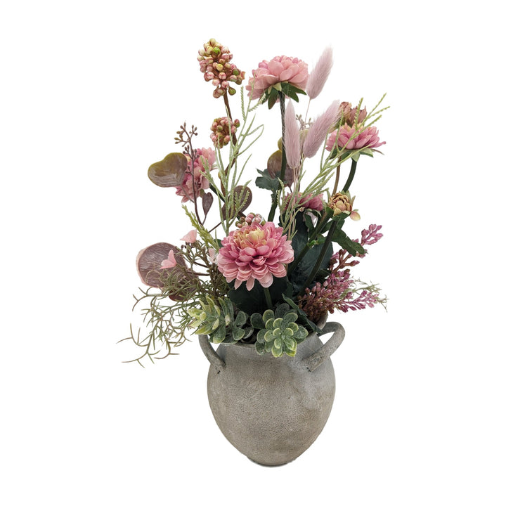 Freigestellt Frühlingsgesteck Zinnien Gräser Sukkulente rosa im Topf