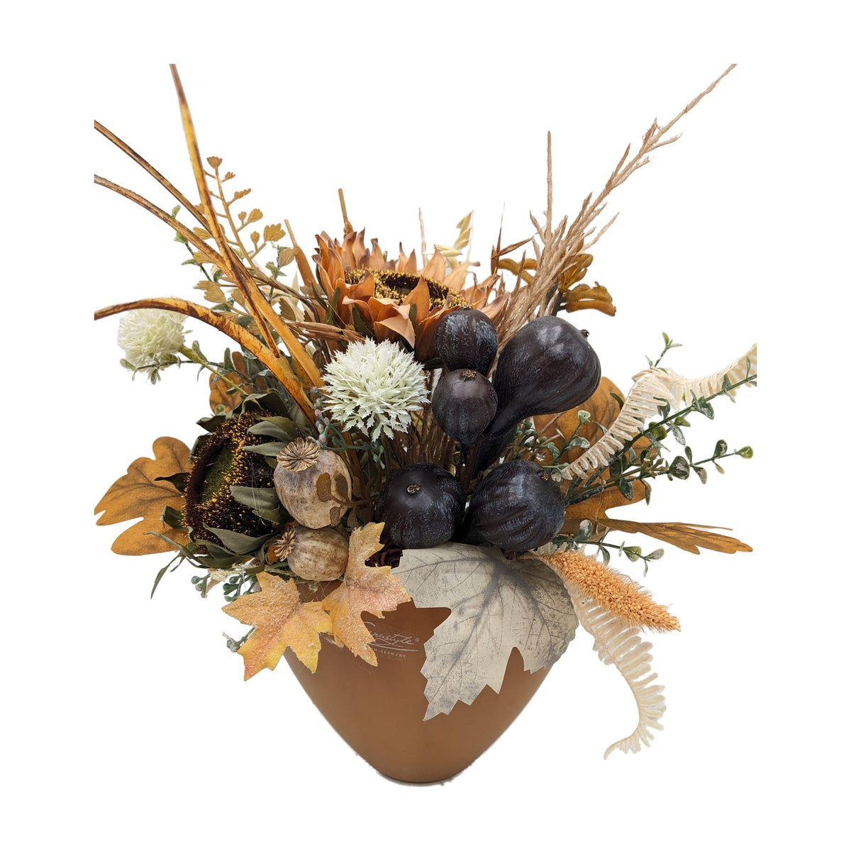 Freigestellt Herbstgesteck Sonnenblumen Feigen Gräser braun schwarz