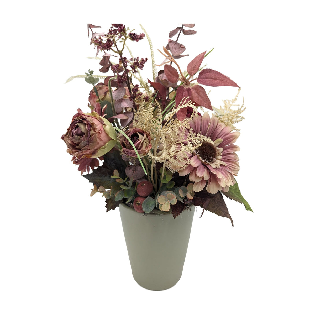 Freigestellt Herbstgesteck Rosen Gerbera Gräser Blätter altrosa bordeaux