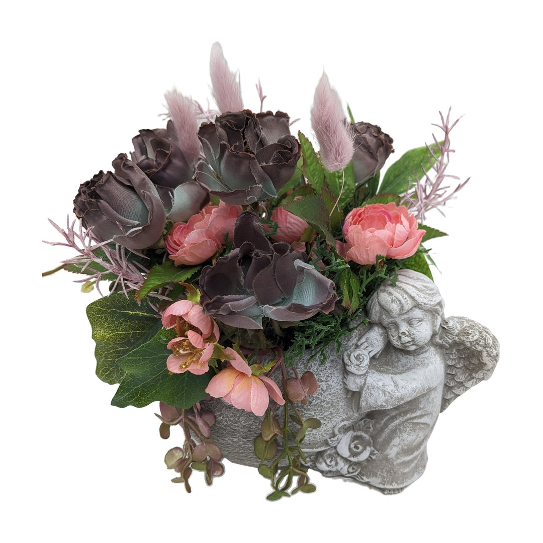 Freigestellt Trauergesteck Engel Rosen Eukalyptus lila rosa