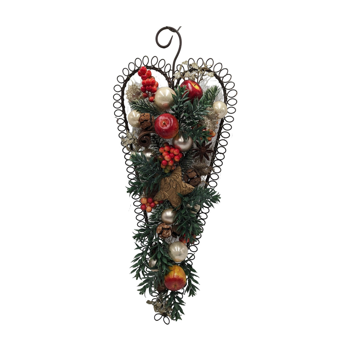 Freigestellt Wandschmuck Herz Wintergesteck Äpfel Beeren Stern Zapfen rot grün