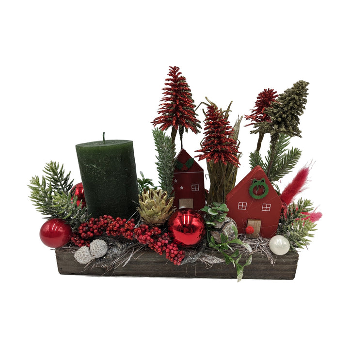 Freigestellt Weihnachtsgesteck Häuser Bäume Kerze rot grün